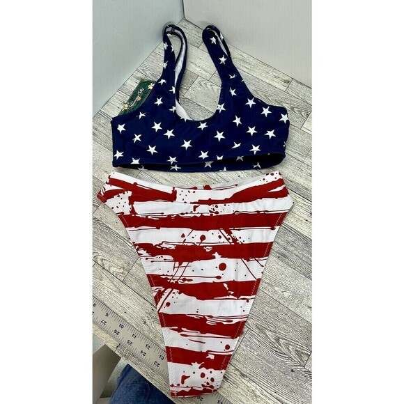 Blooming Jelly S 2pc Bikini Swimsuit Sporty Cut High Waisted American Flag NEW - Picture 10 of 13
